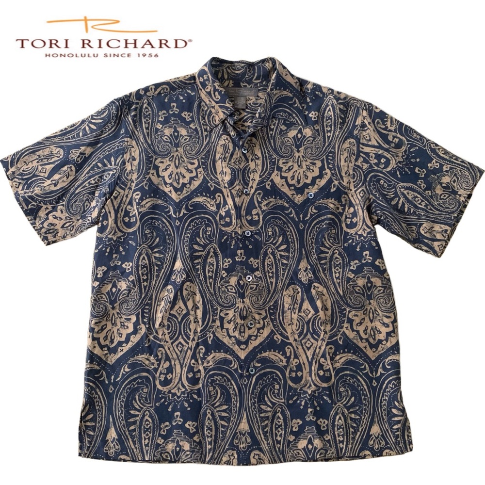 Tori Richard Navy and Beige Paisley Silk/Linen Blend Collared Shirt M